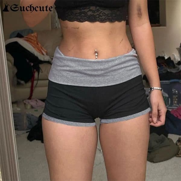 SUCHCUTE Sporty Contrast Patchwork Short Women Skinny Elastic Waist Short Pants Y2K Aesthetic Low Rise Bottoms Allmatch Clothes 250827BJ
