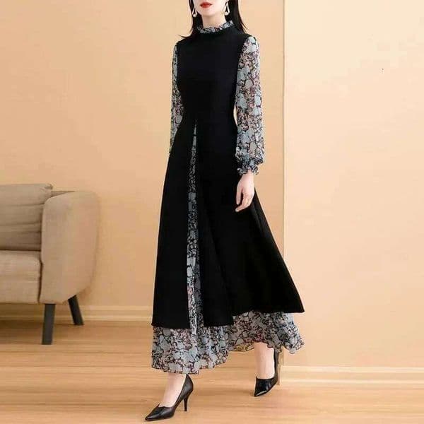 Women's Plus Size Floral Midi Spring Autumn Literary Fake Two Piece A Line Swing Long Dress