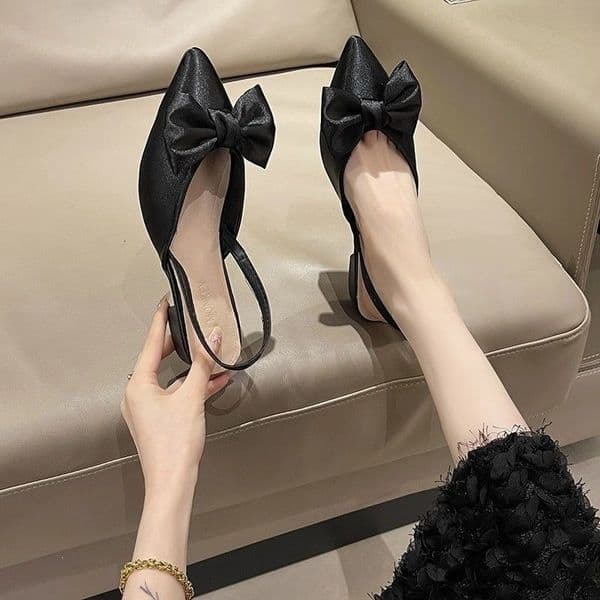 Houndstooth Slingback Flats Women With Black Bow Decor Pointed Toe Slip On Sandals Casual Elegant Shoes For Daily Office