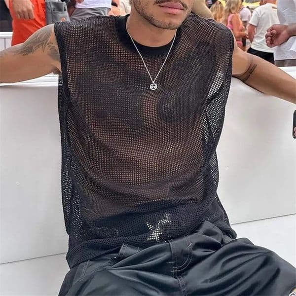 Summer Mens Clothing Knit Hollw Out Tank Tops O Neck Sleeveless Mesh Sexy Solid Color Party Vest Breathable Knitwear 260108BJ