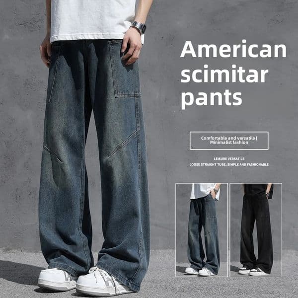 Mens casual retro American denim pants with loose and comfortable fit and multi pocket n suitable for street style wearing 260416