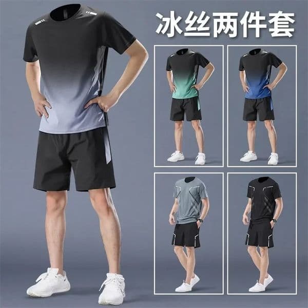 Mens Ice Silk Quick-Dry Sports T-Shirt Running Set - Summer Thin Short Sleeve Gym Workout Clothes 260409BJ