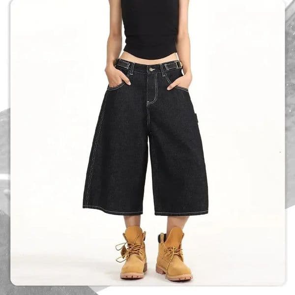 Retro Adjustable Waistband Cropped Trousers Unisex LooseFit Versatile Denim Trousers Soft and Versatile 260402