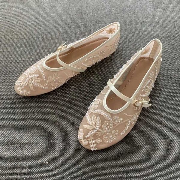 Women Design Embroidery Flowers Pearl Mesh Round Tor Buckle Strap Ballet Flats Loafers Ladies Mary Jane Shoes Woman Mules Sandal X260417