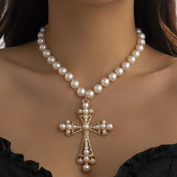 European And American Cross-Border Jewelry Hip-Hop Cross Splicing Imitation Pearl Collarbone Chain Niche Punk Versatile Necklace