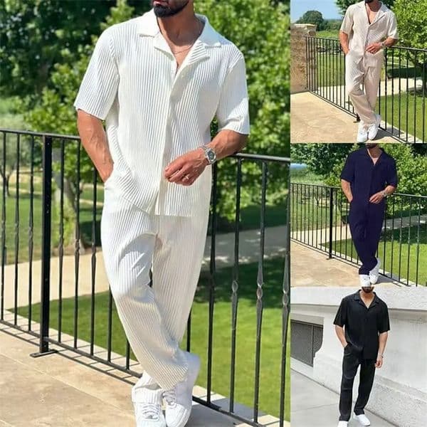 S-3XL 4-color summer casual fashion plain striped suit for men style complete short-sleeved trousers for men 260108BJ