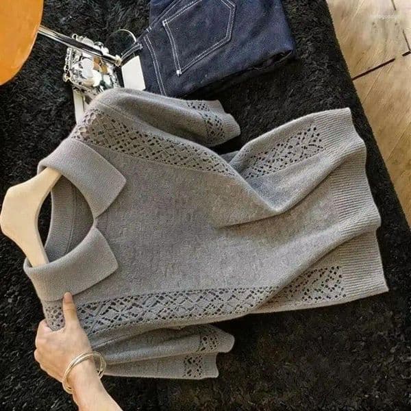 Women's Polos Knitting Pullover Sweater 2026 Summer Polo Neck Slim Temperament Ladies Top Hollowed Out Short-sleeved Femme T-shirt