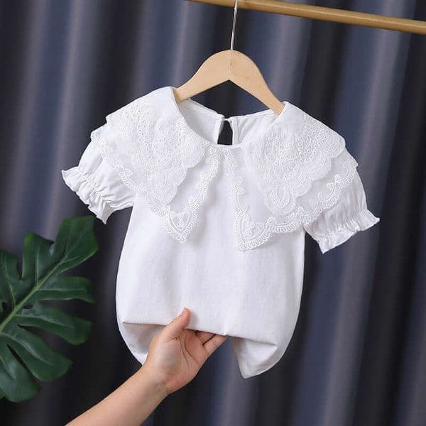 2026 Designer Kids High end girls top pure cotton thin children s short sleeve white doll lace collar little girl s summer T shirt