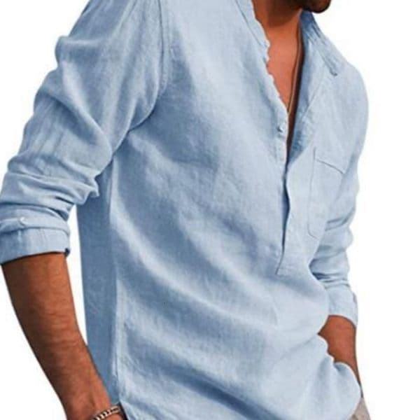 Mens Linen Long Sleeve Shirt Stand Collar ButtonFront Single Chest Pocket Casual Tops for Spring Summer y260416