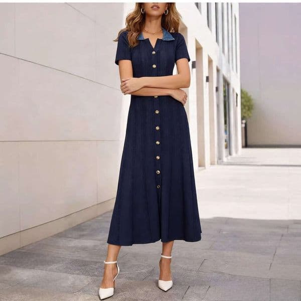 Designer denim patchwork polo neck A-line skirt 2026 summer new waist cinching slimming women's short sleeved knitted dress