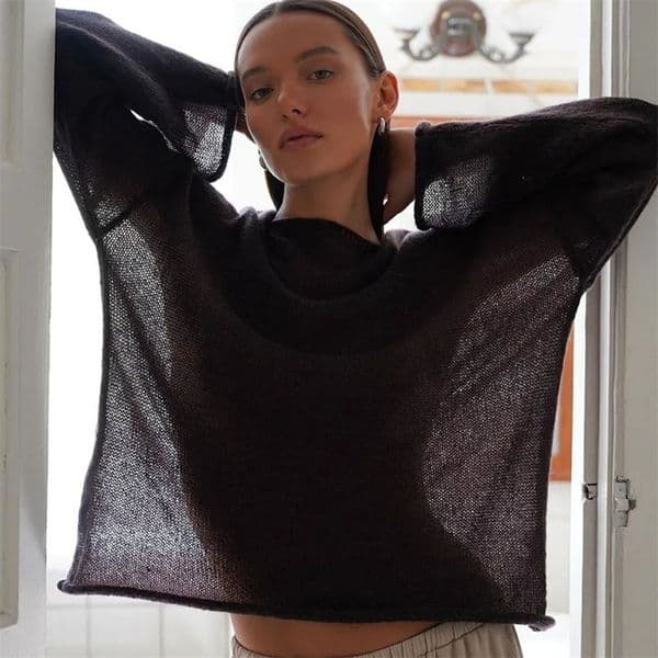 Spring Summer Thin White Brown Hollow Loose Pullover Sweater Sexy Spicy Girl O Neck Flared Sleeve Knitted T-shirt Women MY0106 260107BJ