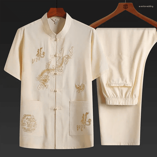 Men's Tracksuits Black Tang Suit Set Short Sleeve Mandarin Collar Embroidered Linen Casual Two-Piece