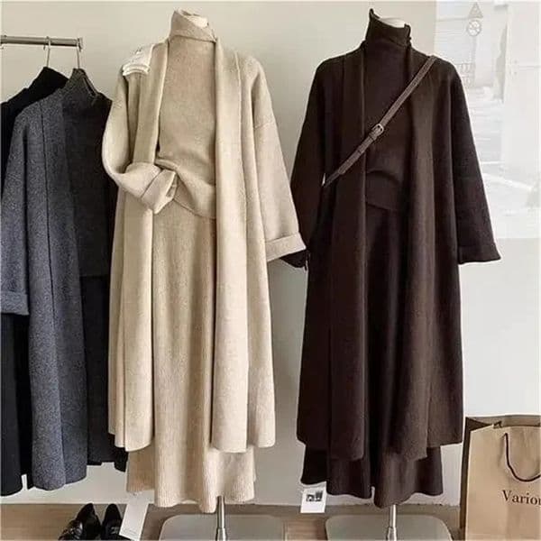 Three Piece Sets Women Long Sweater Vest Jumper Dress Kintted Spring Autumn Winter Crochet Cardigan Y2k High Waist Skirt 250918BJBJ