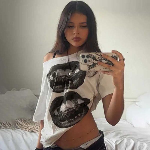 Hip Hop Mouth Print Loose T-shirt Skew Collar Off Shoulder Casual Top Womens Personalized Asymmetrical Neck Streetwear Tees L260417