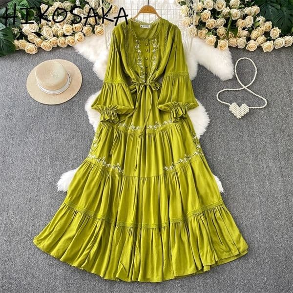 French Style Vintage Lace Embroidery Ruffles Cake Dress Oneck Lantern Sleeve Long Robe Belt Slim Aline Summer Ropa Mujer 251018BJ