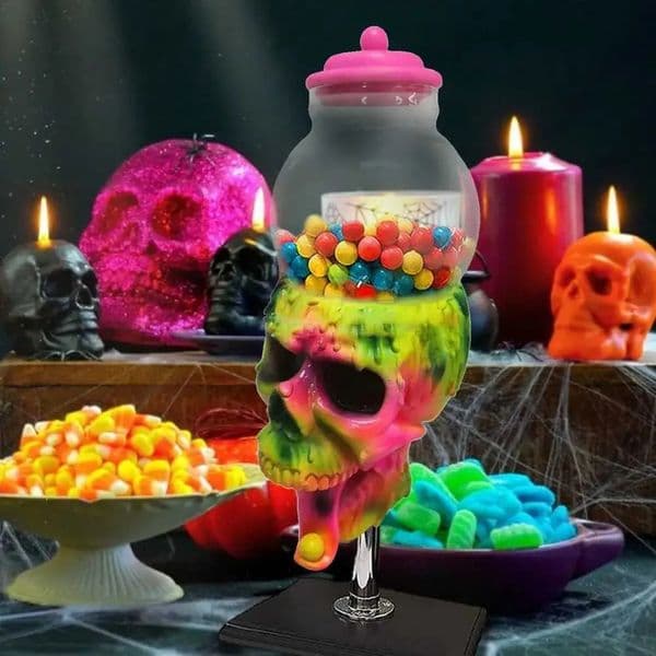 Luxury Designer Decor 1Pcs Halloween Transparent Cans Jar With Cover Bubble Gum Machine Color Skull Candy Storage Tank Dessert Display Stand 16