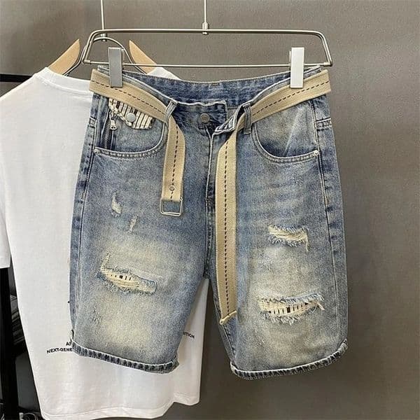 Light Blue Ripped Baggy Short Jeans Pants for Men Half Buttons Man Denim Shorts Distressed Xl Streetwear Harajuku Jorts 250902BJ