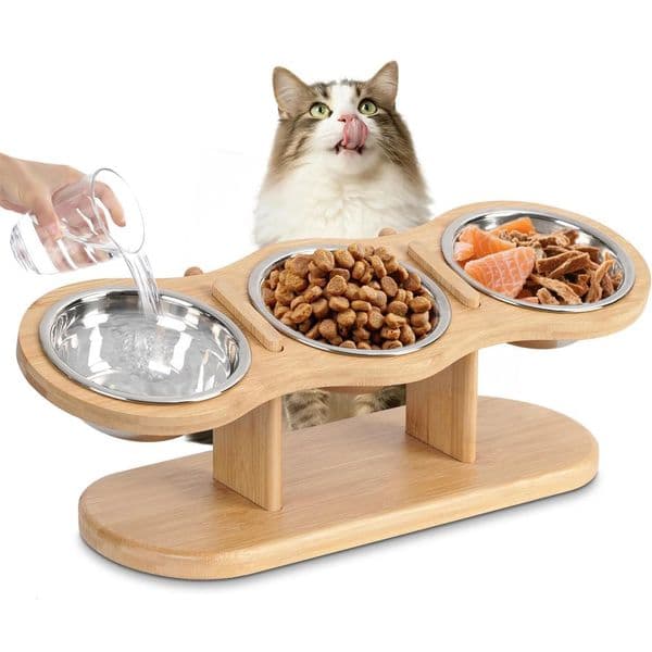 Elevated Cat Bowls Raised Wood Stand Feeder with 3 Stainless Steel Bowls Feeding Watering Supplies for Puppy Cats Accessories 260414