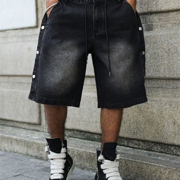 Mens Summer Casual Denim Shorts - Black-Gray Gradient with Distressed White Effect Street Daily Outing Knee-Length Shorts 260309BJ