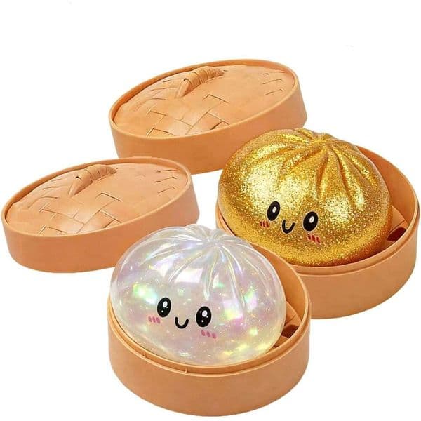 Giant Squishy, 2026 Soft Dumpling Ball with Steamer Box, Easter Gift Squeeze Stress Relief Sensory Figure Decor for Desk Office Home Relaxation (White+Gold)