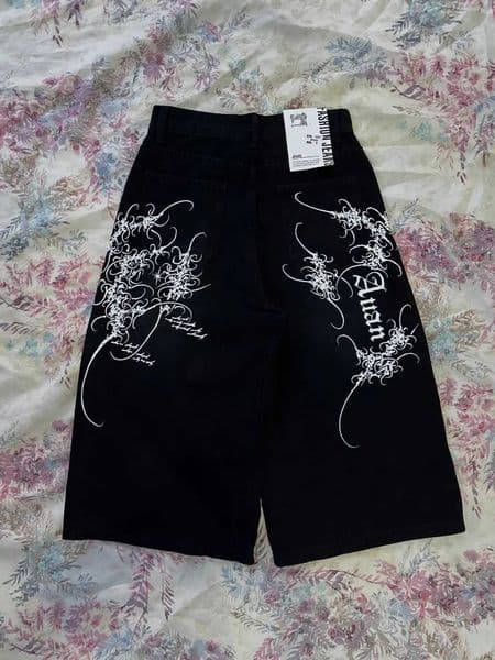 Y2K Men American Street Fashion Thorn pattern Printing Baggy Denim Shorts Women Gothic Street Vintage Hip Hop Casual Shorts X260417