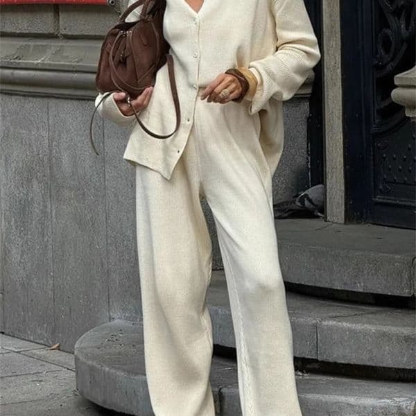 Autumn And Winter Temperament Loose Commuting Sweater Set Womens Lapel Long-sleeved Top Wide-leg Trousers Two-piece Set 260107BJ