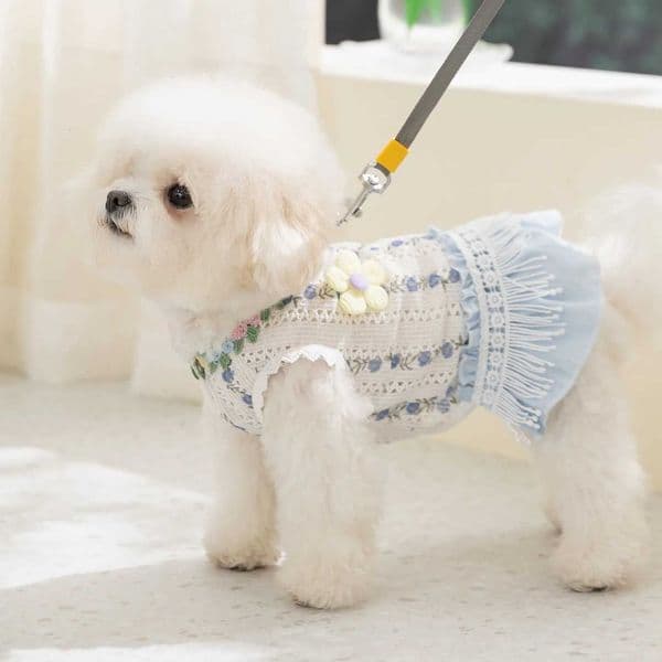 Little Dog Blue Flower Clothes Countryside Style Pet Dress Summer Hollow Dog Pullover with Traction Buckle c260148
