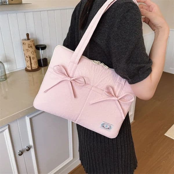 Small and Fresh Bow 14-inch Laptop Bag Cream Color Tote for Women Versatile Purse 260317BJ