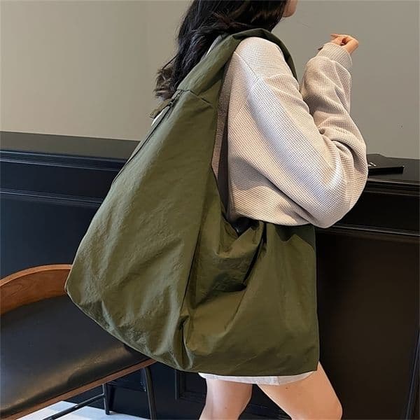 Chic Solid Color Nylon Tote Bag with Multiple Zipper Pockets Large Capacity Casual Shoulder Bags for College Work Everyday Us 251204BJ