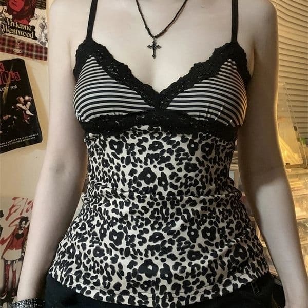 AltGoth Pastel Goth Y2k Leopard Camisole Women Streetwear Vintage Harajuku Lace Patchwork Crop Tank Tops Emo Alt Grunge Clothes 250415BJ