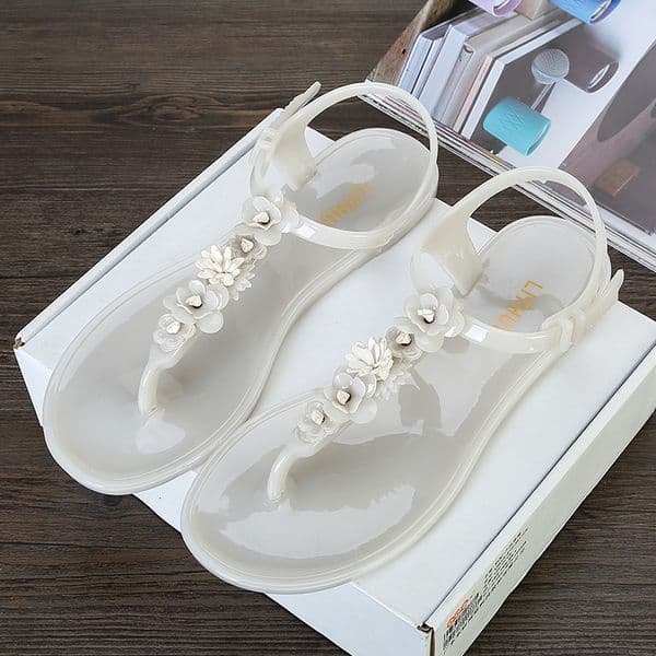 Women's Floral Jelly Sandals Ankle Buckle Summer Flat Shoes Handmade summer sandals T-strap non-slip vacation beach slippers