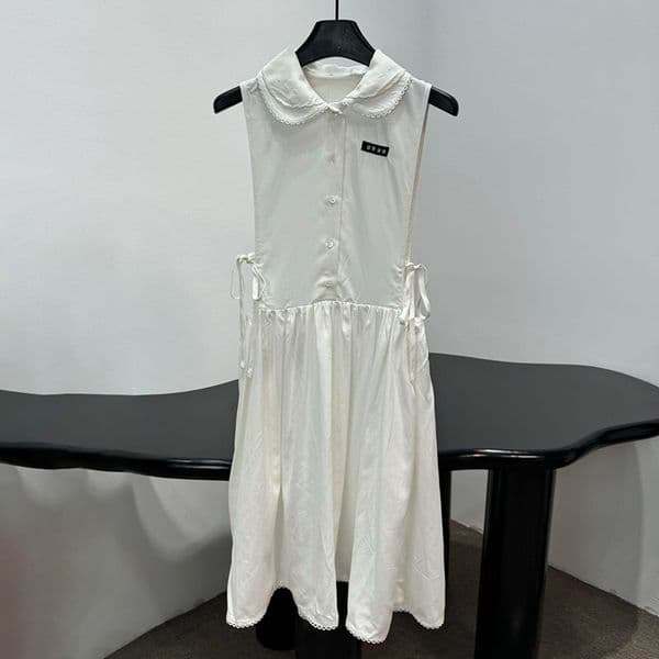 Preppy Style Short Dress For Women Lapel Neck Slim Fit White Vest Dresses Summer Sleeveless Waist Elastic Mini Dress
