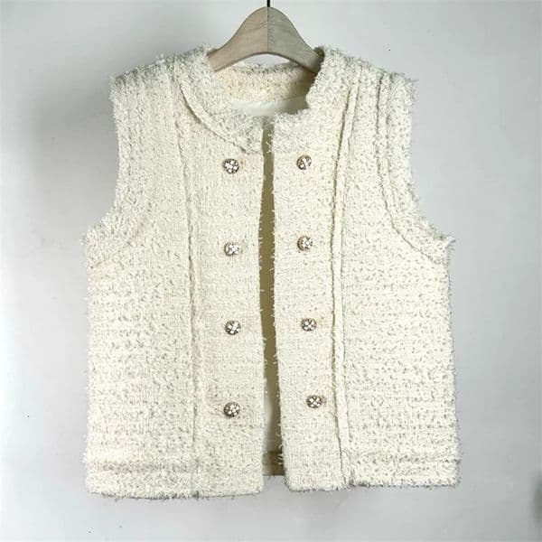 Small Fragrance O Neck French Vest Spring Autumn Womens Double-breasted Casual Basic Loose Beige Black Korea Chic Tweed Coat 250303BJ