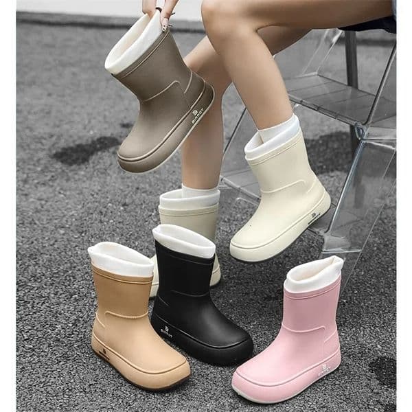 Korean Japanese Style Womens Mid-Calf Rain Boots Integrated Fleece Anti-Slip Warm Waterproof Work Gloves Rubber Shoes 251106BJ