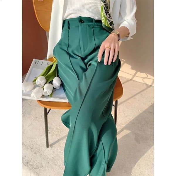 Green High Waist Narrow Version Suit Wide-leg Womens Summer Style Draped Thin Straight Simple Loose Pants 250809BJ