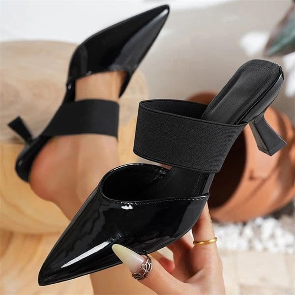 Patent Leather Black High Heel Sandals for Women Summer Pointed Toe Thin Heeled Sandals Woman Plus Size 43 Mule Slippers 260403BJ