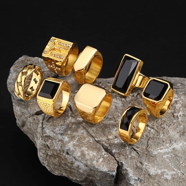 Punk Gold Plated Rings for MenBlack Geometric Square Stone Signet RingMale y Thumb Ring 260409