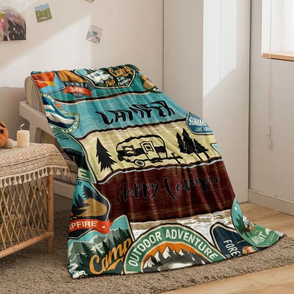 1PC Camper and Forest Pattern Printed Blanket Suitable for Sofas Beds Offices Travel Camping Chairs Warm Plush 260312BJ
