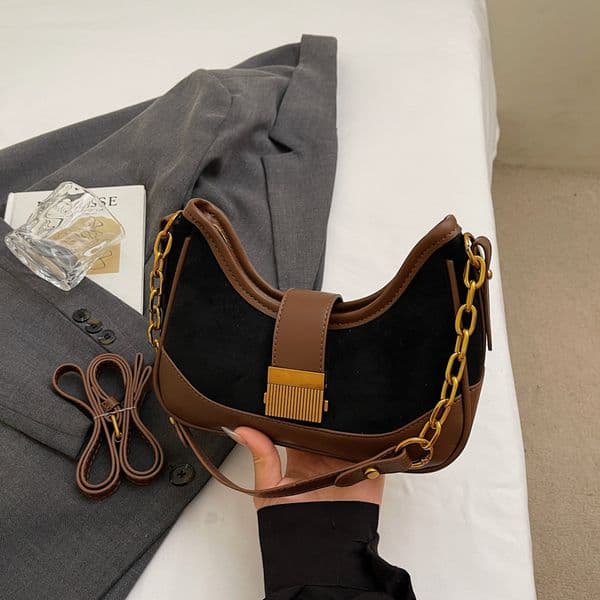 Deer Skin Velvet Women's Bag with Fashionable Splicing Design and Diagonal Shoulder Bag