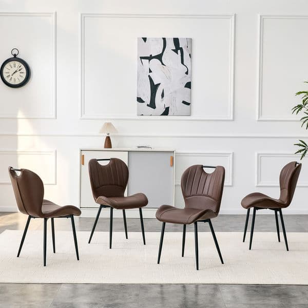 Set Of 4 Brown Pu Dining Chairs With Integrated Handle Black Metal Frame Adjustable Leveling Feet Home Dining Chairs With Extra Wide Comfortable Cushion Versatile