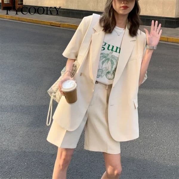 Korean Loose 2 Piece Women Short Set with Blazer Summer Thin Short-sleeved Blazers Shorts Casual Office Ladies Suits 251204BJ