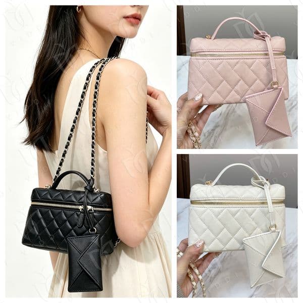 Caviar Leather Quilted Vanity bag Designer bag Luxury Box Chain Shoulder Makeup Bag with Small Pouch Elegant Women's Mini Crossbody Handbag Makeup Case With Box