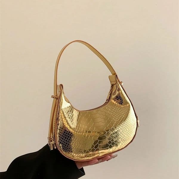 Metallic Snakeskin Embossed Hobo Bag Solid Color Crocodile Embossed Shoulder Bag Trendy Simple Underarm Bag Handbags For Women 260202BJ