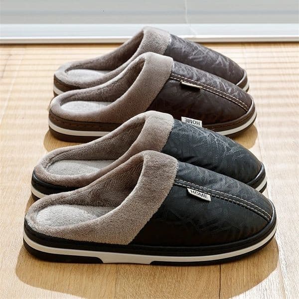Mens Big Size Winter slippers Indoor PU Leather Home Waterproof Fluffy Casual Slides Men Bedroom Comfy Shoes Houseshoes 251106BJ