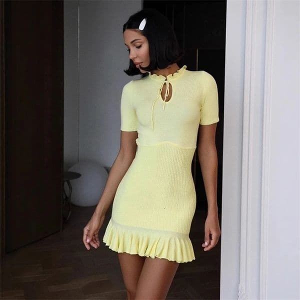 Tornova Knitting Ruffled Mini Dress Womens Hollow Lace Up High Waist Short Sleeve Dress Summer Evening Party Female Dress 250514BJ