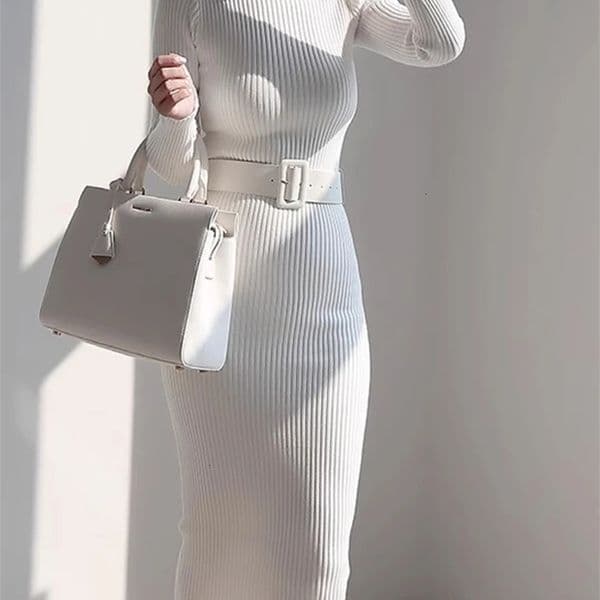 H Han Queen Knitted Turtleneck Sweater Bodycon Dress Bottoming Women Soft Elastic Autumn Winter Midi Party Dresses With Belt 251008BJ