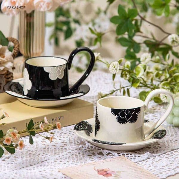 Vintage Camellia Coffee Black White Porcelain High Tea Cup Saucer Unique Handmade Cute Floral Mug Ideal Restaurants ecohaven