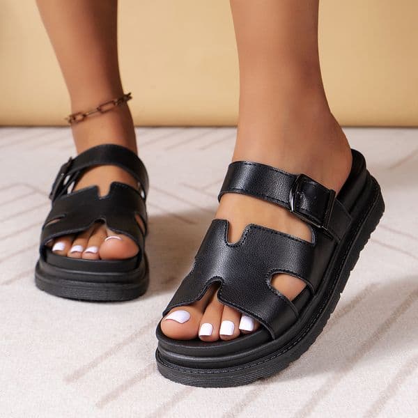 Women Cut Out Double Strap Platform Slide Sandals, Adjustable Buckle Thick Sole Non-slip Open Toe Casual Summer Backless Slippers