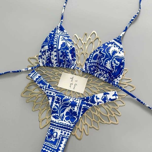 2026 Blue and White Porcelain Printed Bikini Neck Triangle Cup Split Swimsuit Womens Beach Holiday Swimsuit H260417