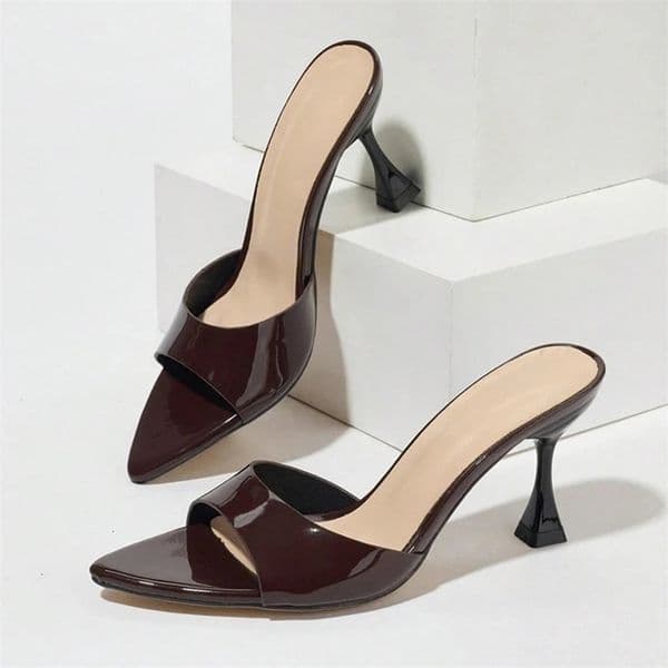 Liyke Summer 8CM Strange Thin Heels Slippers For Women Cozy Patent Leather Pointed Toe Slides Shoes Party Dress Mules Sandals 260202BJ